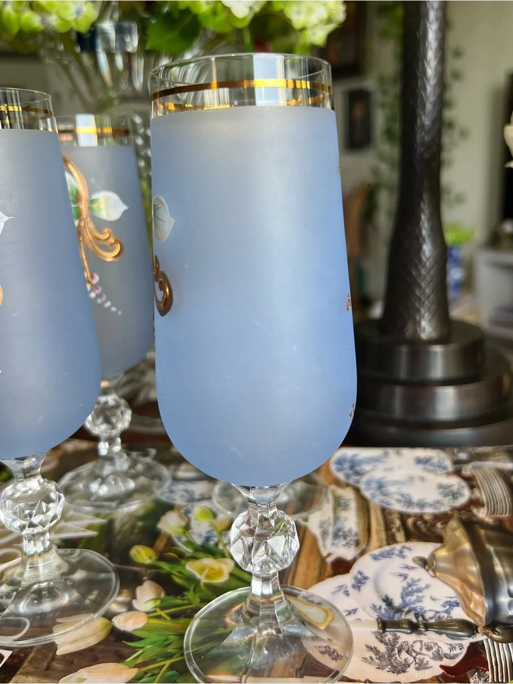 Vtg Czech Crystal Blue Frosted Floral Champagne Glasses - Set of 4